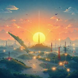 An illustration depicting various telecommunications towers spread across diverse Indonesian landscapes, including cityscapes, rural areas, and remote islands, all connected by glowing digital lines. The sun is rising, symbolizing a new era of connectivity.