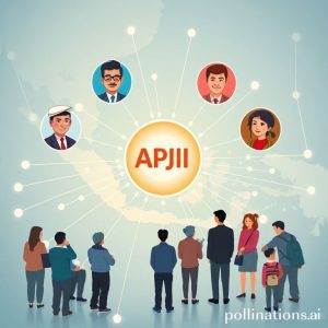 An illustration depicting APJII's collaborative efforts. It shows diverse groups of people (government officials, businesspeople, students, rural community members) connected by digital lines and networks, converging towards a central APJII logo. The background features a map of Indonesia with internet signals radiating outwards. The overall tone is optimistic and depicts unity in digital transformation.