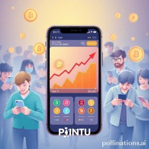 An illustration of a bustling cryptocurrency exchange interface on a smartphone screen, with upward trending graphs and various crypto coin icons. People are happily interacting with their phones in the background. The PINTU logo is subtly integrated.