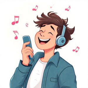 An illustration of a person happily listening to music on their smartphone, with music notes floating around. The phone screen shows a simple website interface with a search bar and download button, subtly suggesting Mp3Juice's functionality without explicitly showing its logo. The background is bright and optimistic, symbolizing ease and freedom.