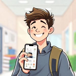 An illustration of a male high school student smiling and holding an iPhone 11, with school books and a backpack in the background. The phone displays a learning app. The scene is bright and optimistic, set in a modern school environment.