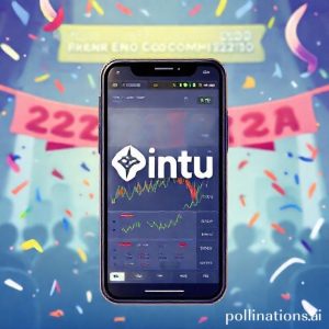 An illustration of a bustling cryptocurrency trading interface on a smartphone screen, with charts and numbers. In the background, there's a celebratory atmosphere with confetti and a banner that says