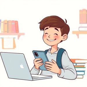 An illustration of a happy high school student using an iPhone 11 for studying, with textbooks and a laptop in the background. The style is modern and cheerful, suitable for a blog post in 2025.