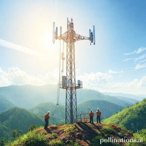 An illustration of a network tower (BTS) being constructed in a remote, green, mountainous area of Indonesia, with workers in safety gear. Sunlight is shining, emphasizing progress.