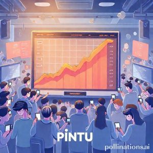 An illustration of a bustling digital trading platform with charts showing a steep upward trend, surrounded by diverse users happily engaging with their mobile phones. The PINTU logo is subtly visible.
