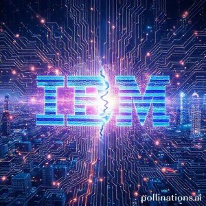 An intricate digital illustration showing the fusion of IBM's iconic blue logo and Multipolar Technology's logo, set against a backdrop of glowing circuits and futuristic cityscapes. The image should convey collaboration, innovation, and technological advancement in banking.