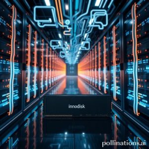 An intricate, futuristic data center with glowing lines representing data flow, showcasing robust industrial memory modules at the forefront, symbolizing Innodisk's foundation. The image should convey precision and high-tech infrastructure.