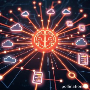 An intricate, futuristic network of data flowing between various abstract data sources (clouds, servers, databases) interconnected by glowing lines, representing data federation. In the center, a stylized AI brain icon oversees the flow, with small data packets moving along the lines, illustrating lineage. The overall style is clean, digital, and modern.