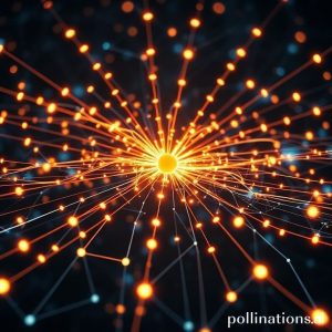 An intricate, glowing network of interconnected data points and lines, representing data federation and integration across different systems and clouds. The lines flow seamlessly into a central hub.