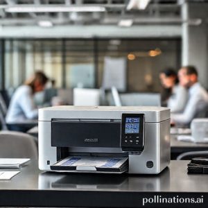 An office setting with a sleek, modern Epson EcoTank printer prominently displayed on a desk, with business professionals working efficiently in the background. The scene should convey productivity and modernity.