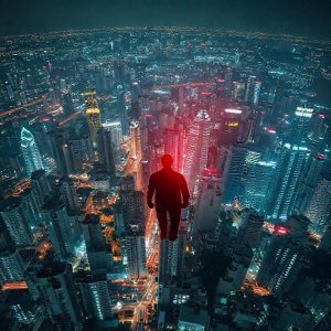 An overhead view of a bustling Southeast Asian cityscape at night, with glowing digital lines connecting buildings, symbolizing digital infrastructure and connectivity. In the foreground, a subtle, ominous red digital shadow in the shape of a stealthy figure hovers, representing a lurking APT threat.