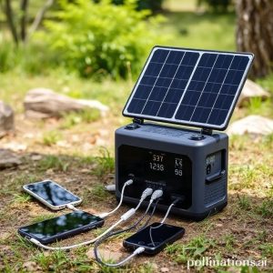 Anker Solix portable power station with solar panels charging in a natural outdoor setting, showing various devices connected.