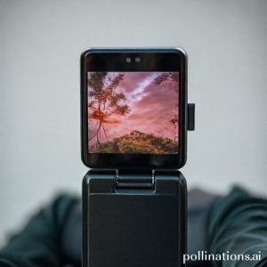 Close-up Galaxy Z Flip7 menampilkan fitur Flexcam dengan antarmuka pengguna aplikasi kamera. Fokus pada fleksibilitas layar yang ditekuk.