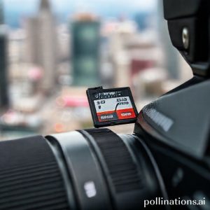Close-up of a high-speed Biwin SD card inserted into a professional camera, with blurred background of a vibrant cityscape.