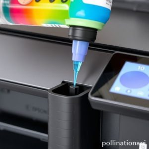 Close-up of an Epson EcoTank printer's refillable ink tank being filled with a colorful ink bottle, showcasing the easy and mess-free refilling process. The printer is sleek and modern.