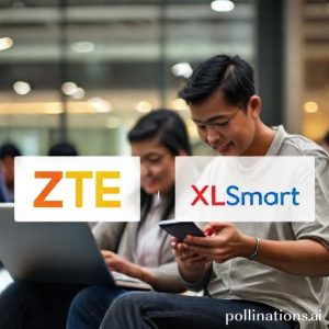 Dua logo perusahaan, ZTE dan XLSmart, bersanding di depan siluet orang-orang yang sedang berinteraksi dengan perangkat digital (laptop, smartphone) dengan latar belakang pedesaan yang modern.