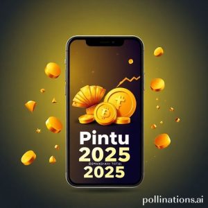 Ilustrasi antarmuka aplikasi Pintu yang modern dengan grafik harga kripto yang bergerak naik, di latar depan ada simbol piala emas dan tumpukan koin emas, serta teks 