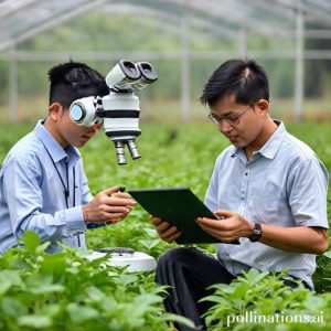 Ilustrasi dua proyek inovatif: satu tim sedang mendemonstrasikan prototipe mikroskop pintar yang terhubung ke AI (Maikroskop), dan tim lain menunjukkan sistem sensor IoT di ladang pertanian hijau yang terhubung ke tablet (Tanikan).