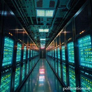 Ilustrasi internal pusat data hyperscale, menunjukkan deretan rak server yang tak terbatas dengan lampu LED biru dan hijau, menonjolkan teknologi canggih dan skala besar. Ada sentuhan robotika atau otomasi di latar depan.