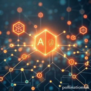 Ilustrasi jaringan blockchain yang terhubung dengan ikon-ikon AI seperti robot dan data, menunjukkan sinergi antara kedua teknologi.