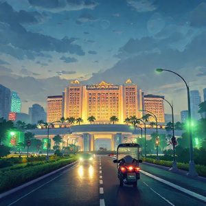 Ilustrasi kota cerdas modern di Indonesia dengan gedung pencakar langit yang terhubung secara digital, jalan raya dengan mobil otonom, dan lampu hijau yang melambangkan kemajuan teknologi. Langit menampilkan peta digital dunia dengan fokus pada Indonesia.