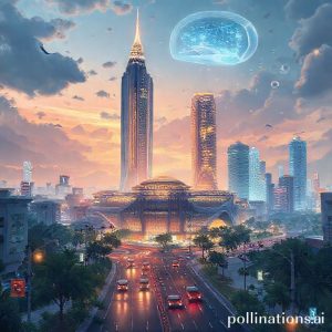 Ilustrasi kota futuristik dengan gedung pencakar langit yang modern, jalanan yang ramai dengan kendaraan listrik, dan hologram digital di udara, menunjukkan visi Indonesia Emas 2045 yang didorong oleh teknologi.