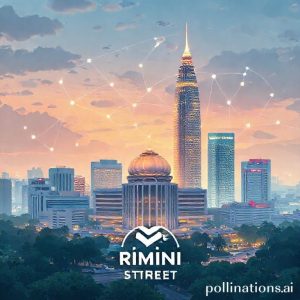 Ilustrasi kota Jakarta yang modern dengan gedung pencakar langit yang dihubungkan oleh jaringan digital, menunjukkan pertumbuhan teknologi di Indonesia. Di latar depan, sebuah logo Rimini Street terlihat samar, melambangkan peran perusahaan dalam ekosistem ini.