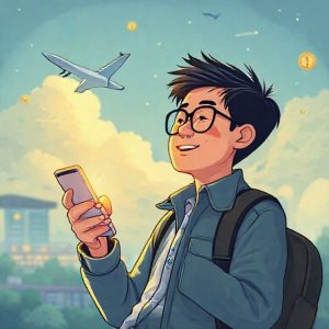 Ilustrasi orang yang sedang berlibur sambil menggunakan smartphone untuk membeli tiket pesawat dengan crypto.