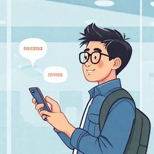 Ilustrasi orang yang sedang memesan tiket pesawat di Tiket.com menggunakan smartphone dengan logo PINTU muncul di layar.