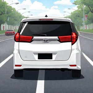 Ilustrasi perbandingan antara Toyota Voxy dan Toyota Innova, dengan Voxy di sisi kiri menampilkan desain elegan dan pintu geser, serta Innova di sisi kanan dengan tampilan gagah dan kokoh. Latar belakang menunjukkan jalan raya perkotaan dan sedikit pemandangan pedesaan.
