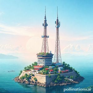 Ilustrasi peta kepulauan Indonesia dengan menara telekomunikasi (BTS) tersebar di berbagai titik, menunjukkan jangkauan jaringan nirkabel yang luas. Latar belakang langit biru cerah.
