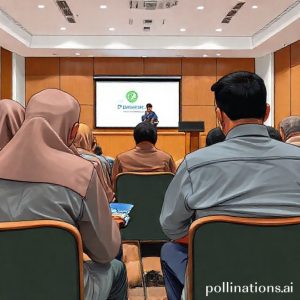 Ilustrasi profesional, beberapa orang dewasa dengan kemeja dan jas duduk di meja mendengarkan seorang narasumber yang sedang presentasi di depan layar. Layar menampilkan logo PINTU dan JULO. Ada laptop dan catatan di meja. Suasana seminar atau workshop.