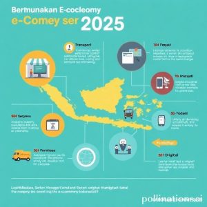 Infografis Laporan e-Conomy SEA 2025, menampilkan pertumbuhan Ekonomi Digital Indonesia dengan grafis yang menunjukkan berbagai sektor seperti e-commerce, transportasi, dan keuangan digital. Latar belakang berwarna cerah dan modern, mencerminkan optimisme.