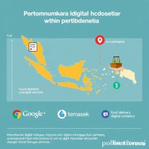 Infografis yang menampilkan grafik pertumbuhan ekonomi digital Indonesia dari berbagai sektor seperti e-commerce, food delivery, dan digital financial services. Tampilkan logo Google, Temasek, dan Bain & Company di sudut.