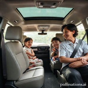 Interior mewah Toyota Voxy dengan captain seat di baris kedua, fokus pada kenyamanan dan fitur premium seperti layar hiburan. Anak-anak dan orang tua tersenyum menikmati perjalanan.