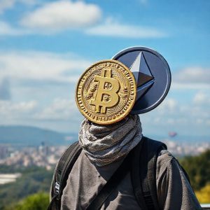 Orang-orang sedang berlibur di berbagai destinasi wisata, dengan simbol Bitcoin dan Ethereum muncul di atas mereka.