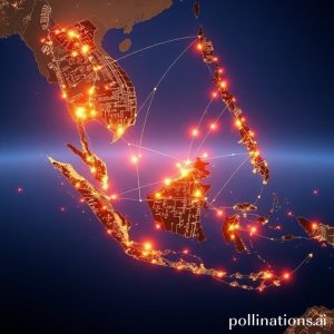 Peta Asia Tenggara yang bersinar, menunjukkan garis-garis terang (mewakili kabel laut MCS2 dan ALC) yang menghubungkan berbagai titik di negara-negara, menyoroti konektivitas regional dan global.