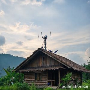 Sebuah antena Starlink berwarna putih terpasang di atap rumah kayu sederhana di desa yang dikelilingi sawah hijau dan perbukitan. Langit biru cerah dengan beberapa awan.
