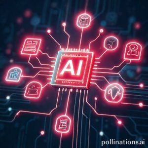 Sebuah ilustrasi abstrak yang menunjukkan kecerdasan buatan (AI) terintegrasi dengan jaringan perbankan digital. Visualisasikan chip AI bercahaya yang terhubung ke ikon-ikon perbankan seperti grafik keuangan, gembok keamanan, dan ikon pelanggan, semua dalam warna biru dan ungu neon.