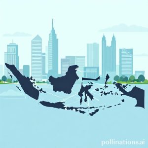 Sebuah ilustrasi digital yang menampilkan peta Indonesia dengan jaringan cahaya yang terhubung, mewakili infrastruktur digital yang merata. Di latar belakang, ada siluet gedung-gedung kota modern dan perdesaan yang terhubung. Nuansa optimistik dan futuristik.