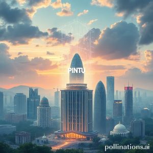 Sebuah ilustrasi futuristik yang menunjukkan gedung-gedung tinggi perkotaan dengan hologram data blockchain dan logo PINTU di langit, mencerminkan adopsi institusional dan integrasi teknologi crypto ke dalam keuangan global.