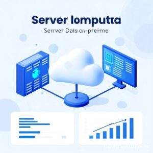 Sebuah ilustrasi futuristik yang menunjukkan gabungan antara server data on-premise (lokal) dan awan komputasi (cloud) yang saling terhubung dengan garis-garis data, dengan ikon AI dan grafik keuangan di latar depan. Gambar harus mencerminkan inovasi, keamanan, dan integrasi di sektor keuangan.