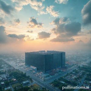 Sebuah rendering atau foto udara dari kompleks pusat data hyperscale modern yang luas di Bekasi, Indonesia, dengan logo Princeton Digital Group yang terlihat jelas. Langit biru cerah dan lingkungan industri di sekitarnya.