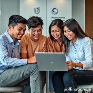 Sebuah tim muda Indonesia yang beragam, terdiri dari beberapa pria dan wanita, sedang berdiskusi dengan antusias di depan laptop dan papan tulis penuh ide. Latar belakang menunjukkan logo Ericsson, Qualcomm, Kemenperin, dan Komdigi dalam setting modern dan cerah, mencerminkan kolaborasi dan inovasi.