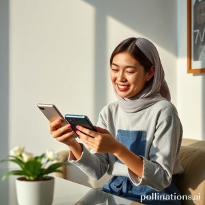 Sebuah wanita muda tersenyum sambil memegang Samsung Galaxy Z Flip7 yang terlipat sebagian di tangannya, sedang merekam produk perhiasan di atas meja dengan latar belakang studio minimalis. Cahaya alami masuk dari jendela.