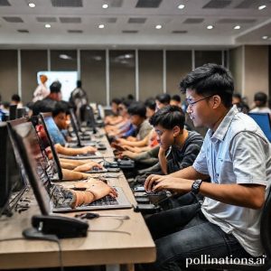 Sekelompok anak muda bersemangat sedang berkolaborasi intens di depan layar komputer di sebuah ruangan modern yang terang, menunjukkan suasana hackathon yang dinamis. Beberapa logo Ericsson, Qualcomm, Kemenperin, dan Komdigi terlihat samar di latar belakang.