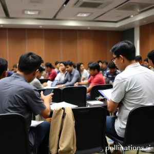 Sekelompok anak muda bersemangat sedang mempresentasikan ide proyek inovatif mereka di depan panel juri di sebuah hackathon. Layar di belakang mereka menampilkan logo Ericsson, Qualcomm, Kemenperin, dan Komdigi. Ruangan penuh dengan energi dan kreativitas.