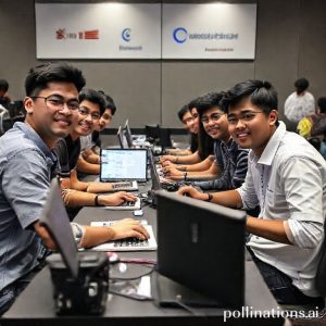 Sekelompok developer muda yang antusias, berkolaborasi di depan layar komputer dengan kode dan diagram proyek, menunjukkan semangat kerja tim selama acara hackathon. Latar belakang menunjukkan logo Ericsson, Qualcomm, Kemenperin, dan Komdigi.