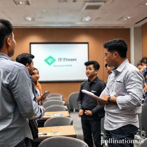 Sekelompok mahasiswa berdiskusi dengan latar belakang logo PINTU dan Blockvest di sebuah ruang kelas modern. Salah satu mahasiswa menunjuk ke layar proyektor yang menampilkan diagram blockchain.