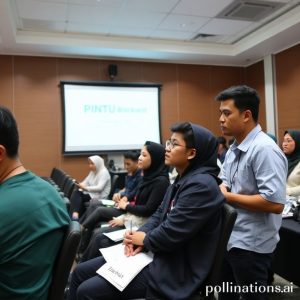 Sekelompok mahasiswa di Universitas Pembangunan Jaya (UPJ) sedang mendengarkan presentasi interaktif tentang AI dan Blockchain, dengan logo PINTU dan Blockvest terlihat di layar proyektor. Mereka tampak antusias mencatat dan berinteraksi.